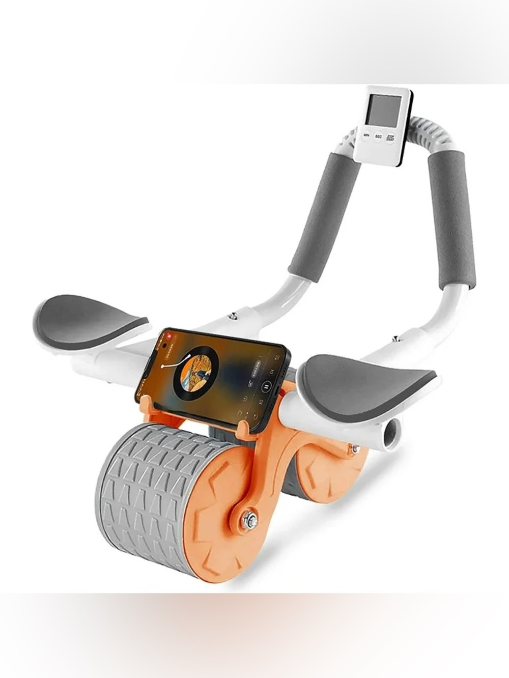 Compact Orange and White Ab Roller with Phone Holder